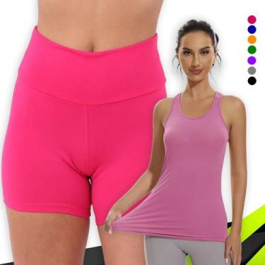 Imagem de Kit Conjunto Fitness SHORT Legging BÁSICO Cós Alto +  Regata Malha Fri