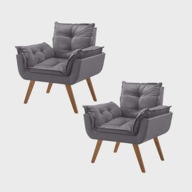 Imagem de Kit 2 Poltronas em Veludo Base Palito Quadrada Opalla Prime Cinza/Cinza