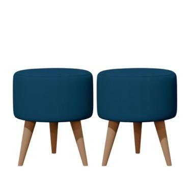 Imagem de Kit 02 Puff Redondo Estofados Conjunto Banqueta Para Apoio Dos Pés Decorativa (SUEDE AZUL MARINHO)