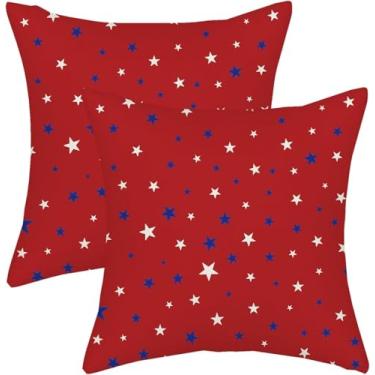 Imagem de AGAYNA 4 de julho Capas de almofada 56 x 56 cm estrelas patrióticas vermelhas e azuis brancas para decoração ao ar livre para sofá dia da independência fronha decorativa para sofá-cama conjunto de 2