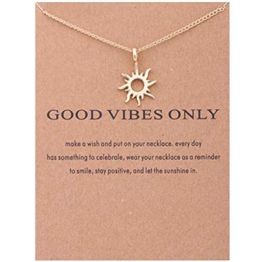 Imagem de tenghong2021 Colar de corrente com pingente de borboleta com cartão de mensagem, boa sorte, sol, unicórnio, ferradura, crescente, colar delicado de asas de anjo, colar gargantilha dourada e prata