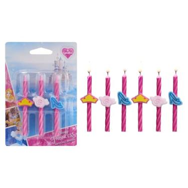 Imagem de Velas de bolo de aniversário de princesa Disney | 6 velas de aniversário para decoração de bolos, velas listradas rosa com coroa de aurora, rosa da Bela e chinelo de vidro da Cinderela para festa de