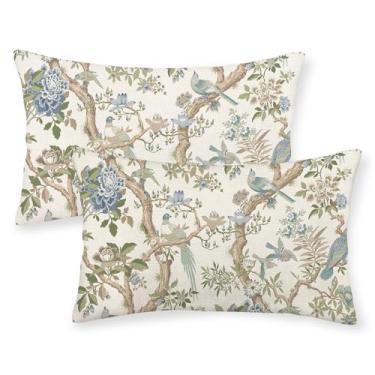 Imagem de JEFERSO Conjunto de 2 capas de almofada verde azul 30,5 x 50,8 cm, floral, pássaro, chinoiserie, flores vintage, pássaro, fronhas decorativas de linho, capa de almofada para decoração de sofá e sofá