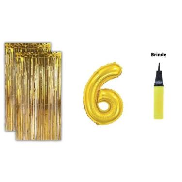 Imagem de Kit 2 Cortinas Metalizadas Balão Número+Bomba de Ar-Dourado - Partiufe