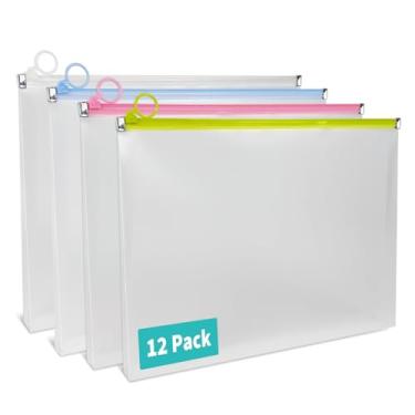 Imagem de Binditek Pacote com 12 envelopes com zíper de plástico transparente, resistente, bolsas expansíveis de 23 x 30 cm, suportes de documentos multicoloridos para uso no escritório e na escola