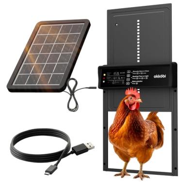 Imagem de Okkobi Porta de galinheiro automática movida a energia solar - Display LCD - Porta de galinheiro com sensor de luz e temporizador - Segurança e tranquilidade: função anti-beliscar - Proteção de 5 anos