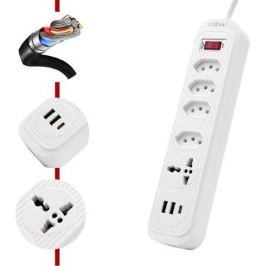 Imagem de Filtro de Linha, Extensão Tomada, Régua  4 tomadas comuns, 2 portas USB Type-C, 1 micro USB e 1 Tomada Universal