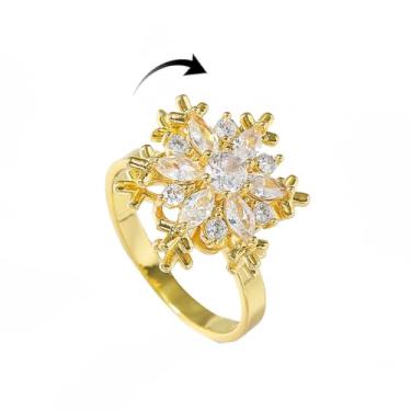 Imagem de Anel giratório de floco de neve para mulheres, banhado a ouro, flor de inverno, anel de ansiedade, zircônia cúbica, ajustável, hipoalergênico, fidget floral, Natal, elegante, chique, para alívio do