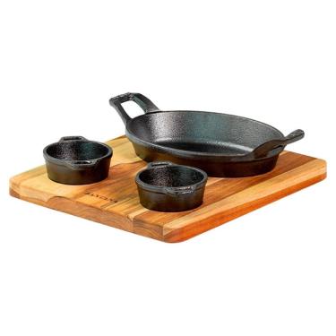 Imagem de Conjunto de Assadeiras Facile Santana em Ferro Fundido com Molheiras e Suporte de Madeira