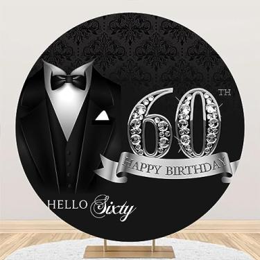 Imagem de DORCEV 2,2 x 2,2 m Capa de fundo redonda masculina feliz aniversário 60 anos prata festa de aniversário círculo arco capa de fundo Hello Sessenta smoking aniversário fundo gravata terno smoking pano