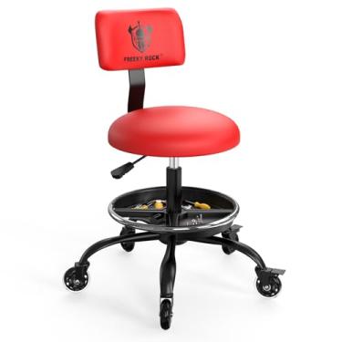 Imagem de Banqueta Rolling Shop com rodas, cadeira de mecânico de garagem com encosto, cadeira de tarefa giratória resistente ajustável em altura, apoio para os pés ajustável com bandeja de armazenamento para
