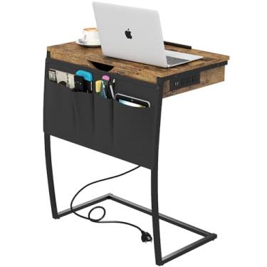 Imagem de Hadulcet Mesas de bandeja de TV, suporte de laptop para sofá, mesa de canto em forma de C com estação de carregamento, mesas de sofá que deslizam para baixo, mesa de cama para comer, mesa de sofá para