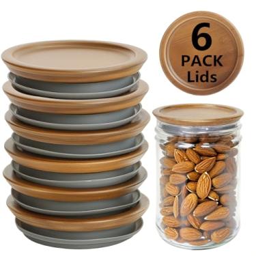 Imagem de 6 tampas de madeira para frascos de vidro de boca regular, diâmetro interno de 5,4 cm, tampas de pote de boca regular feitas de madeira de acácia para potes de vidro com vedação de silicone hermético