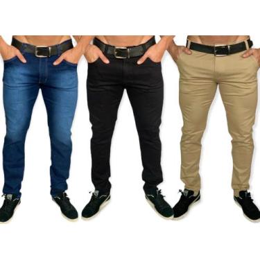 Imagem de Kit 3 calça jeans masculina slim com lycra caqui em sarja Skinny - EMP