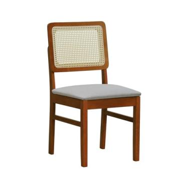 Imagem de Cadeira Lyon Madeira Maciça Encosto Telinha Natural - Amêndoa - Assento Estofado Linho Bege Mescla Impermeável