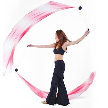 Imagem de 2 peças de véu de seda + 2 peças de bola de corrente Poi feminina dança do ventre Poi Streamer arremesso bola adereços de palco (rosa branco)