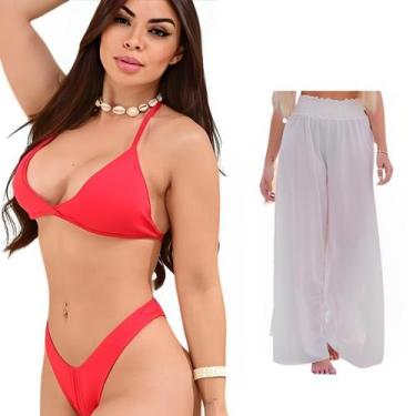 Imagem de Biquini + Saída De Praia Calça Tule Moda Praia Kit Conjunto - Look Dre