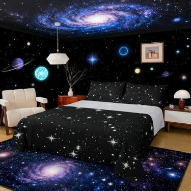 Imagem de Manfei Jogo de cama solteiro Star Night infantil, céu estrelado com glitter, decoração de quarto de meninos e meninas, lençol preto (com elástico + 1 fronha)