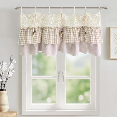 Imagem de Gxi Tie Top Cortina de cozinha guingão xadrez babados saia haste bolso clássico vintage bege fazenda cortina curta sanefas de linho para janelas pequenas, 1 painel L 99 x C 50 centímetros