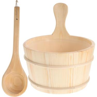 Imagem de MAGICLULU Conjunto de barril de madeira, conjunto de barril de banho, balde de sauna e kit de concha, bege para sala de sauna, 27 x 24 x 24 cm