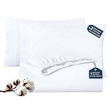 Imagem de ROYALE LINENS Jogo de lençol com elástico de 3 peças - Queen com 2 fronhas - 300 fios 100% algodão orgânico - adequado para colchões de até 45,7 cm de profundidade - ultramacio e respirável - branco