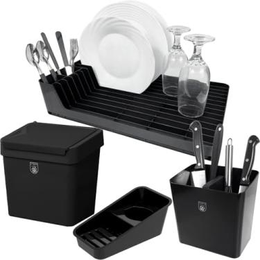 Imagem de Kit 4 Pç Organizador de Pia + Escorredor de Louça Talheres + Lixeira 2,5 Litros Com Tampa Cozinha Preto - Pop Crippa