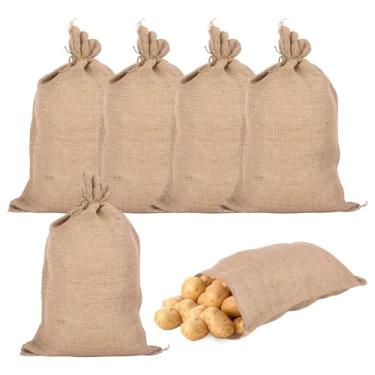 Imagem de Klmnop Pacote com 6 sacos de serapilheira natural com cordão, sacos de batata de juta reutilizáveis de 40,6 x 61 cm com corda para batatas, cebolas, legumes, plantas e embalagens grandes de presente