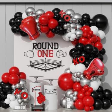 Imagem de Decorações de festa de aniversário de boxe, 134 peças, kit de arco de guirlanda de balão de boxe com luvas infláveis de boxe balão Mylar para decoração de festa de aniversário de luta livre e boxe