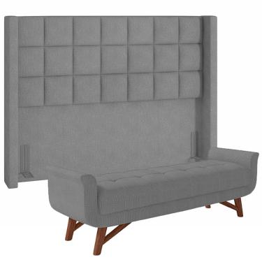 Imagem de Kit Cabeceira Cama Box Casal 140 cm Paris com Puff Recamier Itália P05 Linho Cinza Escuro - Lyam Decor