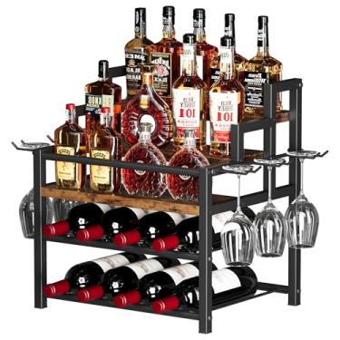 Imagem de Prateleira de exibição de garrafa de licor de 5 camadas, comporta até 20 garrafas, prateleiras de vinho de bancada com 6 suportes para taças de vinho, mini armário de bar de vinho para casa