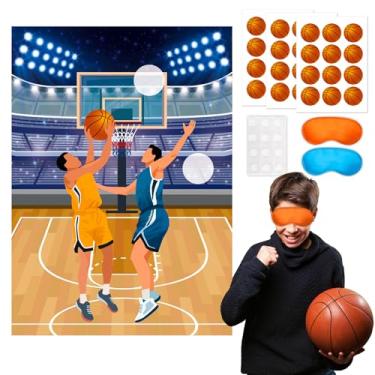 Imagem de Pin The Basketball on The Hoop Game, 7 peças de adesivos de bola de pôster de festa esportiva para vendas, etc., decorações de festa de aniversário de basquete esportivo