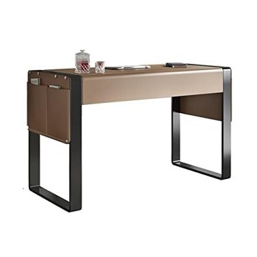 Imagem de YAYA2021-SHOP Escrivaninha para computador para escritório em casa, leve, luxuosa, de couro, 1,4 m, estilo simples e moderno, mesa de trabalho, para computador, com 2 gavetas e bolsos laterais para