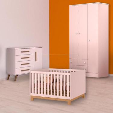 Imagem de Berço Mini Cama Slim, Cômoda Sapateira e Guarda Roupa Rosa - Qmovi