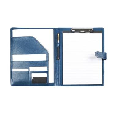 Imagem de Pasta A4 de couro para documentos com inserção de caneta, clipe multifuncional para quadro de assinatura, escritório, escritório, reunião, suporte de documentos (azul)