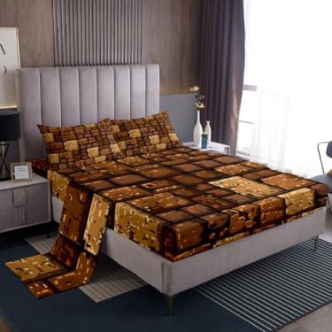 Imagem de Castle Fairy Jogo de lençol solteiro de parede de pedra marrom, estilo pixel, 3 peças, para decoração de quarto de crianças, meninas, meninos, adolescentes, lençol com elástico, lençol de cima, 1