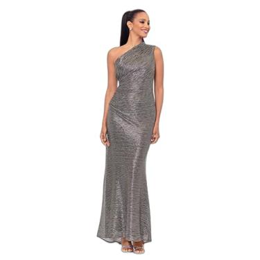 Imagem de Betsy & Adam Comprimento até o chão, um ombro, franzido metálico, com silhueta ajustada, Preto/Prata/Dourado, 46