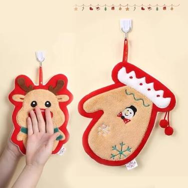 Imagem de Toalha de mão de Natal desenho animado boneco de neve pano absorvente pano de limpeza de cozinha lenço de Natal decoração de natal (alce + luvas-2 peças)