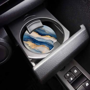 Imagem de Blue Coastal Conjunto de 2 porta-copos de carro para porta-copos, moderno luxo náutico praia de verão 2,6 polegadas porta-copos de cerâmica absorvente para bebidas/chá/café