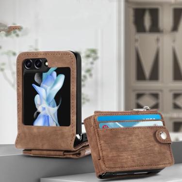 Imagem de para samsung z flip 5 Proteção Bolsa de couro vintage capa para Samsung Galaxy Z Flip 5 5G Flip5 Zflip5 porta cartão Funda, marrom, para Samsung Z Flip 5