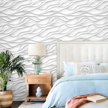 Imagem de iPaste Papel de parede ondulado de 44,5 cm x 1,206 cm branco falso onda 3D painéis de papel de parede modernos para sala de estar, papel de parede com destaque pré-colado, removível, fácil de