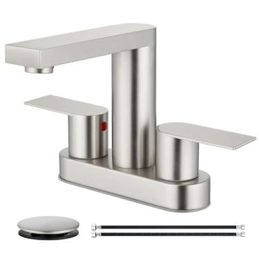 Imagem de Cinwiny Torneira de pia de banheiro com 2 furos, torneira de banheiro central com drenagem pop-up de metal e linhas de suprimento, aço inoxidável 2 alças para casa moderna, níquel escovado