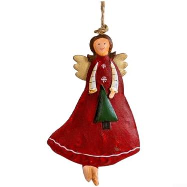 Imagem de Enfeite vintage de anjo de Natal de ferro forjado, pingente decorativo vermelho rústico com acabamento intrincado para decoração de árvore de férias, tamanho 12 x 8 cm