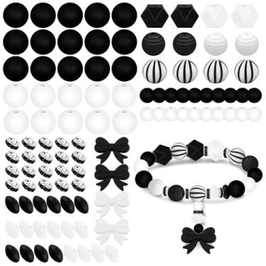 Imagem de Kit de 102 contas de silicone preto e branco para chaveiros e joias – formas mistas redondas, lentilha, hexágono e espaçador de strass – Contas macias seguras para canetas, pulseiras, artesanato DIY