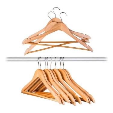 Imagem de Kit Com 03 Cabides De Madeira Envernizado Gancho De Metal