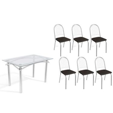 Imagem de Conjunto: Mesa Sala Jantar Elba C- Tampo De Vidro 120cm E 6 Cadeiras Noruega Cromada - Courano Preto - Kappesberg