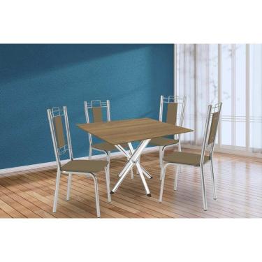 Imagem de Conjunto: Mesa Sala Jantar Volga C- Tampo De Madeira 90cm E 4 Cadeiras Lisboa Cromado-nogueira - Capuccino - Kappesberg