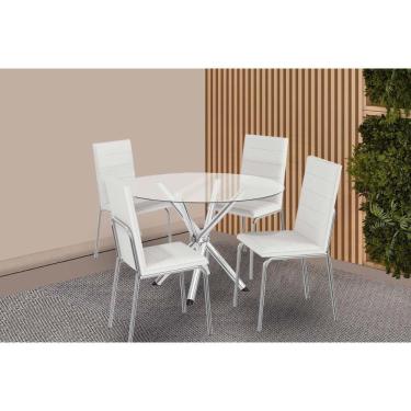 Imagem de Conjunto: Mesa Sala Jantar Volga C- Tampo De Vidro 95cm E 4 Cadeiras Amsterdã Cromada - Courano Branco - Kappesberg