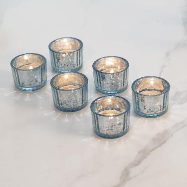 Imagem de Conjunto de 12 castiçais votivos redondos transparentes, decorações de mesa de centro de mesa de casamento, suporte de vela de vidro mercúrio para chá de panela, chá de bebê e decoração de casa (azul)