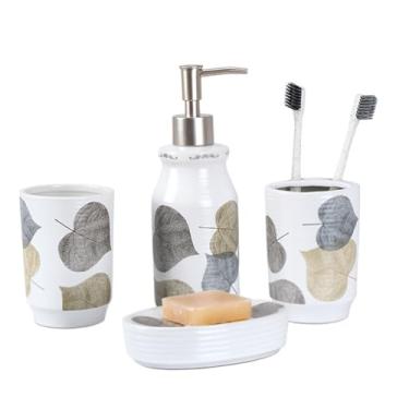 Imagem de Conjunto de acessórios de banheiro de bancada, banheiro de cerâmica de 4 peças com dispensador de loção, copo de enxaguante bucal, bandeja de penteadeira, saboneteira e suporte para escova de dentes