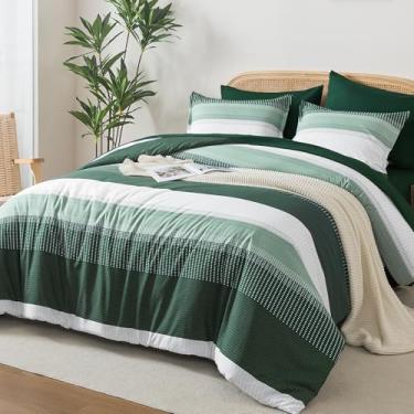 Imagem de Andency Conjunto de edredom King Size verde esmeralda – 7 peças, listrado, leve, em uma bolsa, microfibra macia e reversível, com edredom, lençol de cima, fronhas e fronhas